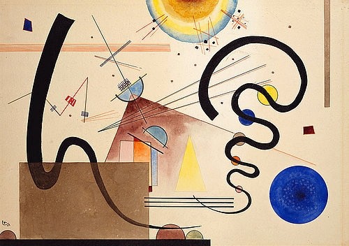 Wassily Kandinsky, Zwei Bewegungen. 1924 (Aquarell,Feder und farbige Tinten auf Papier,20. Jahrhundert,Abstraktion,Kandinsky,Wassily,1866-1944,Christie's Images Ltd,Wassily Kandinsky,Bewegung,schwarz,Schlangenlinie,Schlangenlinien,blauer Kreis,Bauhaus,geometrisch,Schwung,schwungvoll)