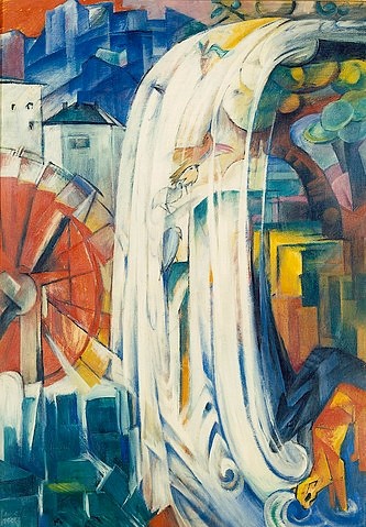 Franz Marc, Die verzauberte Mühle. 1913 (Marc,Franz,1880-1916,Chicago,Art Institute,Öl auf Leinwand,20. Jahrhundert,Marc,Franz Marc,Mühle,20. Jahrhundert,Expressionismus,expressionistisch,Blaue Reiter,verzaubert,Mühle,Wasser,Wellen,Wasserrad,Baum,Wasserfall,Häuser,Dorf,Fluß,Bach,Gischt,Schaum,Wa)