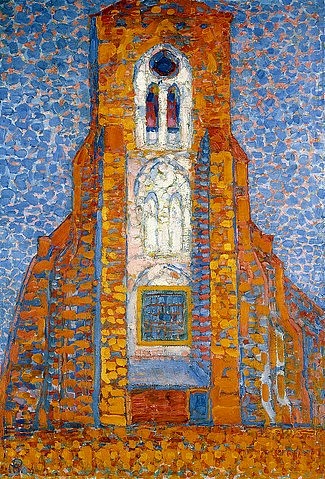 Piet Mondrian, Die Kirche von Zoutelande. 1910 (Mondrian,Piet,1872-1944,Christie's Images Ltd,Öl auf Leinwand,20. Jahrhundert,Piet Mondrian,eglise,Architektur,Kirche,Niederlande,Kirchturm,Untersicht,blauer Himmel,Zoutelande,Kirchenportal,orange,hoch,monumental,Religion,Gotteshaus,Neopointillismus,point)