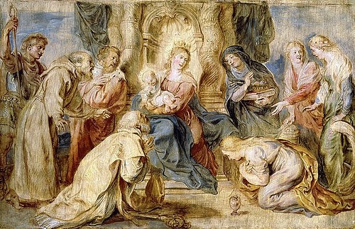 Peter Paul Rubens, Thronende Madonna mit Kind, angebetet von acht Heiligen. (Anbetung, Madonna, Jesuskind,   heilige Maria, Maria Magdalena, König David, Franz von Assisi, Thron, Religion,  Barock, Klassiker, Malerei,  Treppenhaus, Wohnzimmer, Wunschgröße, bunt)