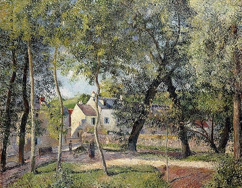 Camille Pissarro, Landschaft bei Osny in der Nähe einer Tränke (Paysage à Osny près de l'Abreuvoir). 1883 (Landschaft,Impressionismus,19. Jahrhundert,Pissarro,Camille,1830-1903,Öl auf Leinwand,Christie's Images Ltd,Camille Pissarro,Blick durch Bäume,Bauernhaus,ländlich,Osny,draußen,Sonnenlicht,auf dem Land, französischer impressionismus)