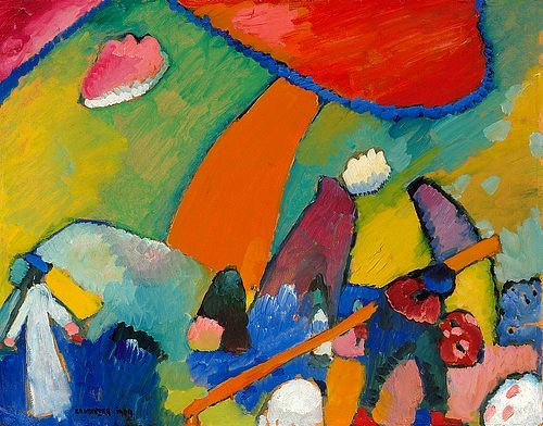 Wassily Kandinsky, Strandszene. 1909 (Kandinsky,Wassily,1866-1944,Christie's Images Ltd,Öl/Karton,20. Jahrhundert,Wassily Kandinsky,Blauer Reiter,farbenfroh,Fraben,rot,orange,Strand,Meer,Wolke)