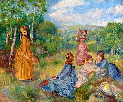 Pierre-Auguste Renoir, Junge Mädchen beim Federballspiel (Jeunes filles jouant au volant). Um 1887 (Garten, Parke, junge Frauen, Spiel, Freizeit, Ausflug, Spaß, Idylle, Sommertag,  Impressionismus, klassische Moderne, Wunschgröße, Wohnzimmer, Malerei)