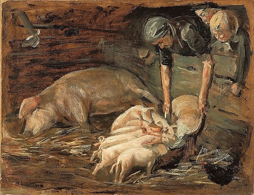 Max Liebermann, Schweinekoben, Wochenstube. 1887 (Liebermann,Max,1847-1935,Christie's Images Ltd,Öl/Karton,19. Jahrhundert,Impressionismus,Tiere,Max Liebermann,Schweine,Schwein,Schweinestall,füttern,Ferkel,Bäuerin,Stall,Tier,Tierkinder,Landleben,auf dem Land,ländlich)