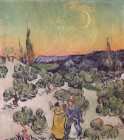 Vincent van Gogh, Landschaft im Mondlicht. 1889 (Landschaft, Olivenhain, Paar, Spaziergang, Mond, Nachtszene,  Mondsichel, Klassische Moderne, Impressionismus, Wohnzimmer, Treppenhaus, Wunschgröße, bunt)