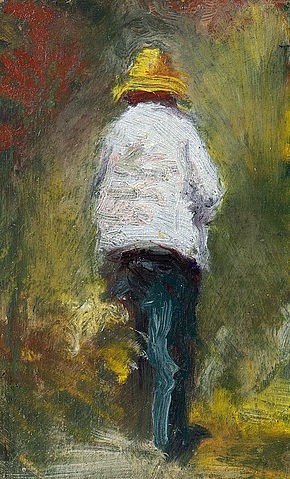 Émile Bernard, Vincent van Gogh wendet sich in Asnière seinem Motiv zu (Vincent van Gogh se rendant au motif à Asnières). 1887 (Emile Bernard, Vincent van Gogh, Künstler, Rückenfigur, Impressionismus, Klassische Moderne,Persönlichkeiten, Malerei, Wunschgröße, Wohnzimmer, Treppenhaus, bunt)
