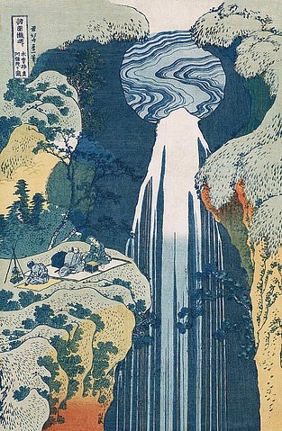 Katsushika Hokusai, Der Wasserfall von Amida an der Kiso Straße. Aus der Serie: Eine Reise zu den Wasserfällen Japans. 1834-35 (Hokusai,Katsushika,1760-1849,Christie's Images Ltd,Holzschnitt,19. Jahrhundert,18. Jahrhundert,Katsushika Hokusai,Japan,Asien,Oban tate-e,Amida,Wasserfall,Natur,Kiso,Wasser,Vogelperspektive,Teezeremonie,Landschaft,Felsen,Abhang)