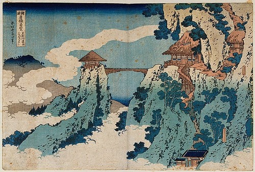 Katsushika Hokusai, Hängebrücke am Berg Gyodo, Ashikaga. Aus der Serie 'Seltene Ansichten von berühmten japanischen Brücken'. Um 1834 (Holzschnitt,18. Jahrhundert,19. Jahrhundert,Christie's Images Ltd,1760-1849,Hokusai,Katsushika,Katsukawa Hokusai,oban yoko-e,Japan,Asien,Brücke,Hängebrücke,Landschaft,Gyodo,Berg,Berge,Ideallandschaft,bergig,Wolken)