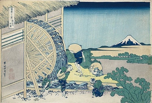 Katsushika Hokusai, Wasserrad in Onden, aus der Serie '36 Ansichten des Berges Fuji'. Um 1830-32 (Hokusai,Katsushika,1760-1849,Christie's Images Ltd,Holzschnitt,19. Jahrhundert,18. Jahrhundert,Katsushika Hokusai,Japan,Asien,Oban yoko-e,Arbeiter,Reis waschen,fugaku sanju-rokkei,Schildkröte,Reisbauer,Reisbauern,Reiswäsche,Wasserrad,Fuji)