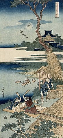 Katsushika Hokusai, Ariwara no narihira. Aus der Serien 'Shika Shashin Kyo'. (Eine Bauernfamilie schlägt im Mondlicht die Wäsche.) (Hokusai,Katsushika,1760-1849,Christie's Images Ltd,19. Jahrhundert,18. Jahrhundert,Katsushika Hokusai,Japan,Asien,nagaban,Mond,Mondlicht,Vögel,Wäsche schlagen,Landschaft,See,Haushalt)