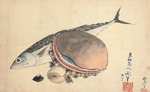 Katsushika Hokusai, Makrele und Seemuscheln. 1840 (Hokusai,Katsushika,1760-1849,Christie's Images Ltd,19. Jahrhundert,18. Jahrhundert,Rollbild,Tusche auf Papier,Katsushika Hokusai,Japan,Asien,Fisch,Muschel,Muscheln,Stillleben,Makrele)