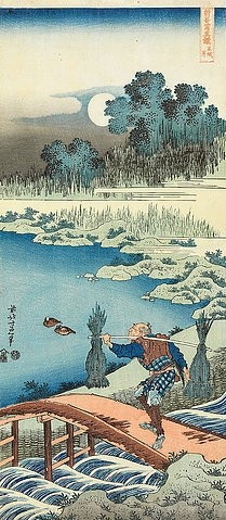 Katsushika Hokusai, Tokusagari (Reisträger). Aus der Serie 'Shika Shashinkyo' (Ein wahrer Spiegel chinesischer und japanischer Verse). (Hokusai,Katsushika,1760-1849,Christie's Images Ltd,19. Jahrhundert,18. Jahrhundert,Katsushika Hokusai,Japan,Asien,nagaban tate-e,Mann,tragen,Reis,Brücke,Landschaft,Alltag)