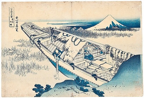 Katsushika Hokusai, Joshu Ushibori, Provinz Hitachi. Aus der Serie '36 Ansichten des Berges Fuji'. Um 1830-32 (Hokusai,Katsushika,1760-1849,Christie's Images Ltd,Holzschnitt,19. Jahrhundert,Katsushika Hokusai,Japan,Asien,Oban tate-e,Bug,Frachtschiff,Kahn,Winter,blau,Schnee,Fuji,Schiff)