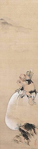 Katsushika Hokusai, Hotei. Edo-Zeit, um 1805-10 (Hokusai,Katsushika,1760-1849,Christie's Images Ltd,19. Jahrhundert,18. Jahrhundert,Rollbild,Tusche und Farben auf Seide,Katsushika Hokusai,Japan,Asien,Hochformat,Budai,Hotei,Gott des Glücks,Stein,Flöte,glücklich,zufrieden,selbstgenügsam)