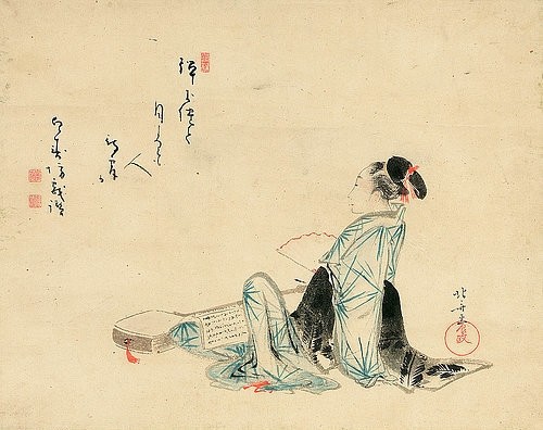 Katsushika Hokusai, Eine Schönheit wartet auf ihren Liebhaber. Das Gedicht geschrieben von Hakujubo. Edo-Zeit, um 1800-05 (Hokusai,Katsushika,1760-1849,Christie's Images Ltd,19. Jahrhundert,18. Jahrhundert,Rollbild,Tusche auf Papier,Katsushika Hokusai,Japan,Asien,gedicht,Frau,Schrift,Schriftzeichen,Fächer,Schönheit,schön,sitzen,Sitzende)