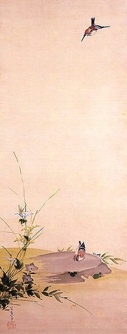 Katsushika Hokusai, Spatzen und Gräser. (Rollbild,Tusche und Farben auf Seide,18. Jahrhundert,19. Jahrhundert,Christie's Images Ltd,1760-1849,Hokusai,Katsushika,Katsushika Hokusai,Japan,Asien,Spatz,Spatzen,Vogel,Vögel,fliegen,Gräser)
