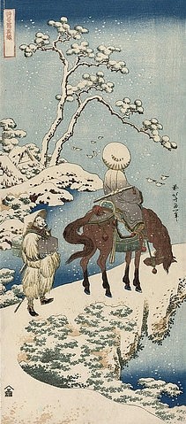 Katsushika Hokusai, Der chinesische Dichter Su Dongpo. Aus der Serie 'Ein wahrer Spiegel chinesischer und japanischer Verse'. 1833-34 (Hokusai,Katsushika,1760-1849,Christie's Images Ltd,Holzschnitt,19. Jahrhundert,18. Jahrhundert,Katsushika Hokusai,Japan,Asien,Su Dongpo,Dichter,Schnee,verschneit,Diener,Winter,Reiter,Pferd,halten,pausieren,Halt machen,Landschaft,unterwegs,innehalten)