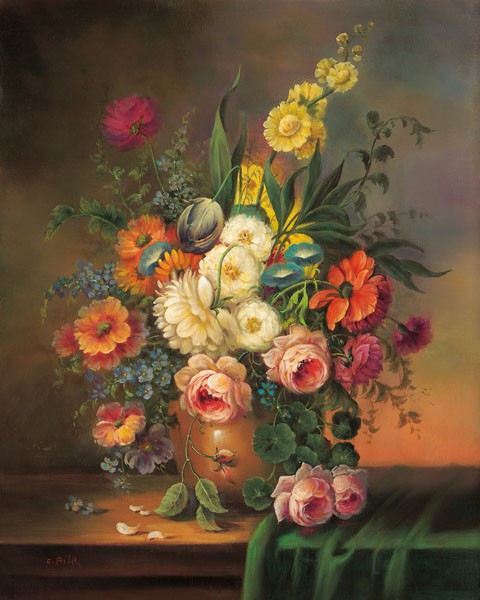 Pila, ALTMEISTERLICHE BLUMEN (Stillleben, traditionell, Blumen, Bouquet, Adaption, alte Meister, üppig, Vanitad, Vergänglichkeit, Malerei, zeitgenössisch, Nostalgie, Esszimmer, Wohnzimmer, Wunschgröße)