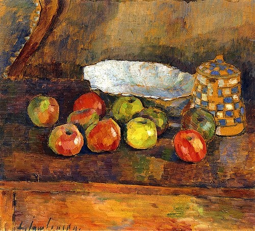 Alexej von Jawlensky, Stilleben mit Äpfeln. Um 1907 (Öl/Karton,Stillleben,20. Jahrhundert,Jawlensky,Alexej von,1864-1941,Christie's Images Ltd,Alexej von Jawlensky,Apfel,Äpfel,Blauer Reiter,Obst,Dose,Schale,reif,glänzend,kariert,grün,rot)