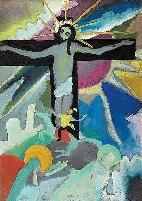 Wassily Kandinsky, Gekreuzigter Christus. Murnau, 1911 (Kandinsky,Wassily,1866-1944,Christie's Images Ltd,Öl/Karton,20. Jahrhundert,Künstlerrahmen,Wassily Kandinsky,Blauer Reiter,Jesus Christus,Religion,Kreuz,Künstlerrahmen,Strahlen,Kreuzigung)