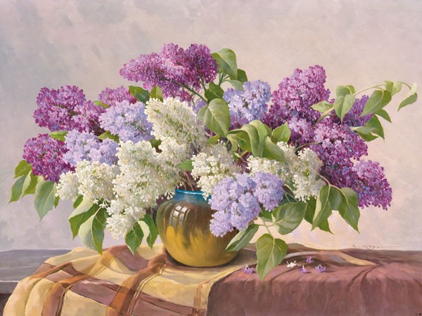 E. Krüger, FLIEDER (Flieder, Sommer, Blumenbouquet, Blüten, Blumensvase, üppig, Stillleben, Nostalgie, Malerei, Esszimmer, Wohnzimmer, Wunschgröße, bunt)