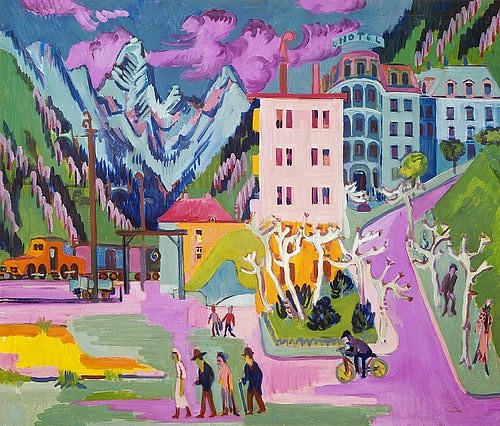 Ernst Ludwig Kirchner, Bahnhof Davos. 1925 (Kirchner,Ernst Ludwig,1880-1938,St. Gallen,Kunstmuseum,Öl auf Leinwand,20. Jahrhundert,Expressionismus,Ernst Ludwig Kirchner,Technik,Berge,Bergwelt,Hochhaus,Hotelsiedlung,Hotel,elektrifiziert,Lokomotive,Touristen,Fahrradfahrer,Schweiz,Davos,Bahnhof,Urlaub)