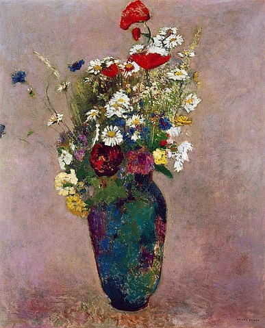 Odilon Redon, Blumenvase mit Mohn. (Postimpressionismus, Stillleben, Blumenvase, Blüten, Blumen, Sommerblumen, floral, klassische Moderne, Malerei, Wohnzimmer, Esszimmer, Treppenhaus, Wunschgröße, bunt)