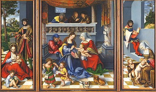 LUCAS CRANACH Der Ältere, Die Heilige Sippe (sog. Torgauer Altar). 1509 (Heilige Sippe, Heilige Familie, Maria,  Kinder, Balustrade, Anna, Joseph, Gespräch, Personen, Klassiker, Renaissance, Wunschgröße, Wohnzimmer)