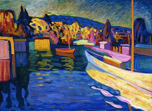 Wassily Kandinsky, Herbstlandschaft mit Booten. 1908 (Kandinsky,Wassily,1866-1944,Christie's Images Ltd,Öl/Karton,20. Jahrhundert,Wassily Kandinsky,Frühwerk,Wasser,Herbst,Herbstlandschaft,landschaft,Boote,Bäume,leuchtende Farben,blau,Ruhe,Spiegelung,Reflexion,malerisch,Blauer Reiter,Farben)