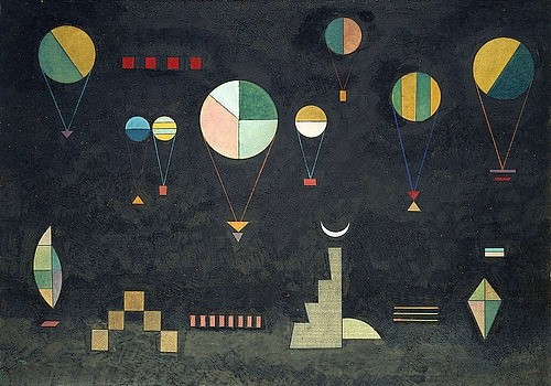 Wassily Kandinsky, Flach-Tief. 1930 (Kandinsky,Wassily,1866-1944,Christie's Images Ltd,Öl/Karton,20. Jahrhundert,Abstraktion,Wassily Kandinsky,Bauhaus,flach,tief,Ballon,Ballons,schwarz,schwarzer Hintergrund,Kreise,Sichel,Mond,Mondsichel,dunkel,Raute,fliegen,Nacht,Fallschirm,Fallschirme,flieg)