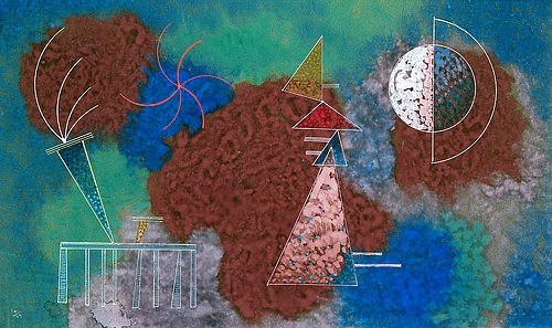 Wassily Kandinsky, Auf satten Flecken. 1929 (Kandinsky,Wassily,1866-1944,Christie's Images Ltd,Gouache/Papier/Karton,20. Jahrhundert,Abstraktion,Wassily Kandinsky,Gleichgewicht,blau,Kreis,Gouache,grün,Halbkreis,Fleck,Flecken,rot,Stern,Dreieck,heiter)