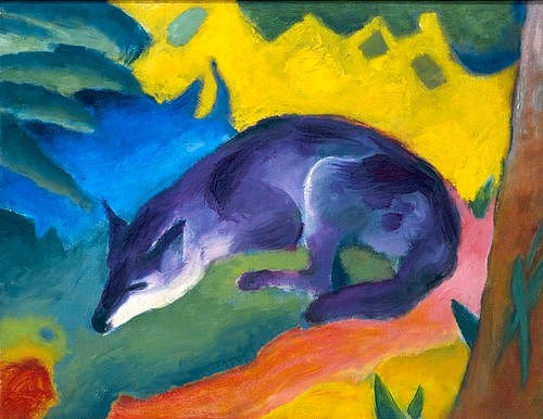 Franz Marc, Blauschwarzer Fuchs. 1911. (Wuppertal,Von-der-Heydt-Museum,Marc,Franz,1880-1916,Wildtiere,Marc, Franz 1880-1916,Franz Marc,19. Jahrhundert,20. Jahrhundert,Deutschland,deutsch,Expressionismus,expressioinistisch,expressiv,Blaue Reiter,Tier,Fuchs,Blauschwarz,Blau,Schwarz,dunkel,Wolf,sc)