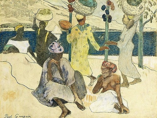 Paul Gauguin, Zikaden und Ameisen (Les Cigales et les fourmis - Souvenir de la Martinique). 1889 (Gauguin,Paul,1848-1903,Christie's Images Ltd,19. Jahrhundert,Zinkografie,handkoloriert,auf gelblichem Papier,Paul Gauguin,Grillen,Zikaden,auf dem Kopf tragen,Frauen,Muße,Völkerkunde,Einheimische,ursprünglich,exotisch,Martinique,Südsee,Karibik,Schwarze,Hau)