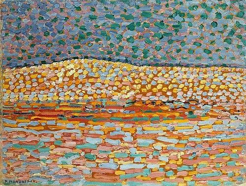 Piet Mondrian, Pointillistische Studie einer Düne, mit leichter Erhebung auf der linken Seite. 1909 (Mondrian,Piet,1872-1944,Christie's Images Ltd,Öl,20. Jahrhundert,Abstraktion,Landschaft,mit Spuren von Graphit auf Papier,Piet Mondrian,Landschaft,Pointillismus,pointillistisch,Studie,Sand,Sanddüne,Düne,Strand,Himmel,blau,draußen,Erhebung,Hügel,Frühwerk)