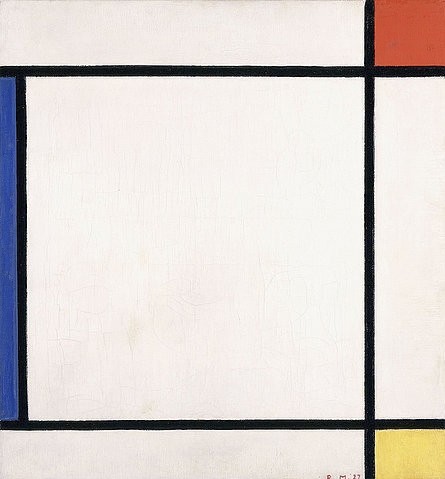 Piet Mondrian, Komposition III mit Rot, Gelb und Blau. 1927 (Mondrian,Piet,1872-1944,Christie's Images Ltd,Öl auf Leinwand,20. Jahrhundert,Abstraktion,Piet Mondrian,1927,schwarz,blau,rot,gelb,Grundfarben,Primärfarben,weiß,Quadrat,Linien,Ecke,Komposition,Konstruktivismus,De Stijl,Geometrisch,ruhig,klar,modern)