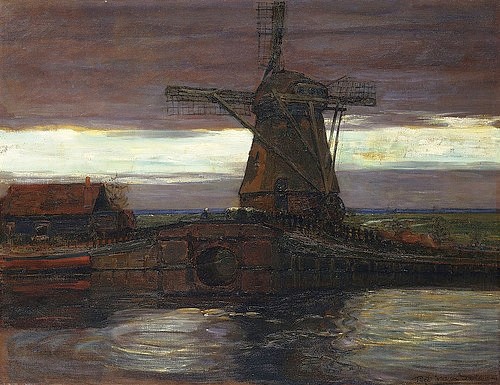 Piet Mondrian, Die Mühle. 1905-06 (20. Jahrhundert,Öl auf Leinwand,Christie's Images Ltd,1872-1944,Mondrian,Piet,Piet Mondrian,Frühwerk,Mühle,Windmühle,Himmel,Licht,dunkel,Architektur,Niederlande,Brücke,Fluss,Spiegelung,Ruhe)