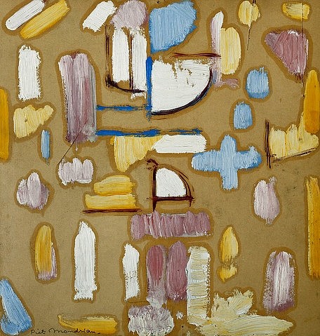 Piet Mondrian, Komposition mit Rosa, Blau, Gelb und Weiß (Kirchenfassade). Um 1912 (Öl/Karton,Abstraktion,20. Jahrhundert,Christie's Images Ltd,1872-1944,Mondrian,Piet,Piet Mondrian,Kirche,Kirchenfassade,brauner Hintergrund,Flecken,angedeutet,rosa,weiß,blau,reduziert,Fassade)