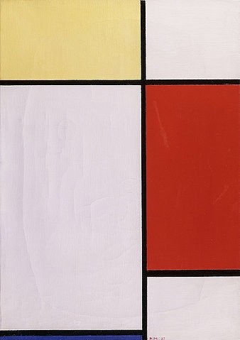 Piet Mondrian, Komposition. 1927 (Mondrian,Piet,1872-1944,Christie's Images Ltd,Öl auf Leinwand,20. Jahrhundert,Abstraktion,Piet Mondrian,schwarz,blau,rot,gelb,Grundfarben,Primärfarben,weiß,Rechteck,Rechtecke,Linien,Ecke,Komposition,Konstruktivismus,De Stijl,Geometrisch,ruhig,klar,modern,)
