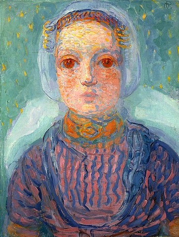 Piet Mondrian, Mädchen aus Seeland (Zeeuws Meisje). 1909-10 (Mondrian,Piet,1872-1944,Christie's Images Ltd,Öl auf Leinwand,20. Jahrhundert,Portrait,Piet Mondrian,Brustbild,Mädchen,Kind,frontal,große Augen,rote Augen,Niederlande,Haube,Tracht,jung,Seeland)