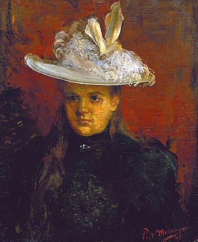 Piet Mondrian, Princesje. (Wilhelmina, Königin der Niederlande (1880-1964) (als Kind). Um 1898 (Mondrian,Piet,1872-1944,Christie's Images Ltd,Öl auf Leinwand,20. Jahrhundert,Portrait,Piet Mondrian,Brustbild,Mädchen,Prinzessin,Frühwerk,Hut,pausbäckig,impressionistisch,langes Haar,Niederlande,Holland,Königin,Wilhelmina,Princesje)