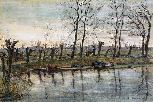 Piet Mondrian, Bauer auf der Rückkehr vom Feld. Um 1900 (Landschaft,Aquarell/Kohle,auf Papier,20. Jahrhundert,Christie's Images Ltd,1872-1944,Mondrian,Piet,Piet Mondrian,kahle Bäume,kahl,Bauer,holländisch,ländlich,auf dem Land,Winter,Mann,Bauer,draußen,Fluss,Ufer,Flussufer,Schubkarre,grauer Tag,graues Wetter,Sp)