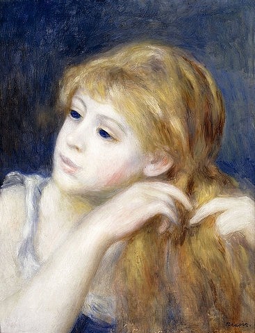 Pierre-Auguste Renoir, Kopf eines jungen Mädchens (Tête de Jeune Fille). 1890 (Portrait, junges Mädchen, Haare, flechten, Blondine, blass, blaue Augen, Impressionismus, klassische Moderne, Wunschgröße, Wohnzimmer, Schlafzimmer, Malerei)
