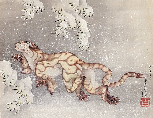 Katsushika Hokusai, Tiger in einem Schneesturm. Edo-Zeit, 1849 (Hokusai,Katsushika,1760-1849,Christie's Images Ltd,19. Jahrhundert,18. Jahrhundert,Tiere,Rollbild,Tusche und Farben auf Seide,Katsushika Hokusai,Japan,Asien,Schnee,Schneeflocken,Tiger,Raubkatze,Winter,weiß,Tier,Krallen,Bambus,grinsen,lächeln,Manji Zeit,Pe)