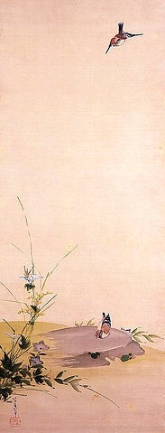 Katsushika Hokusai, Spatzen und Gräser. (Rollbild,Tusche und Farben auf Seide,18. Jahrhundert,19. Jahrhundert,Christie's Images Ltd,1760-1849,Hokusai,Katsushika,Katsushika Hokusai,Japan,Asien,Spatz,Spatzen,Vogel,Vögel,fliegen,Gräser)