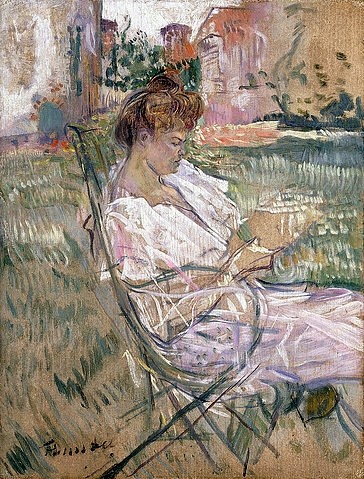 Henri de Toulouse-Lautrec, Madame Misia Natanson. 1897 (Toulouse-Lautrec,Henri de,1864-1901,Christie's Images Ltd,Öl/Karton,19. Jahrhundert,Henri de Toulouse-Lautrec,Huile a l'essence,gedankenversunken,Frau,sitzen,draußen,Garten,seitlich,weiß,Portrait,Misia Natanson,Freizeit,nach unten schauen, Blick nach unte)