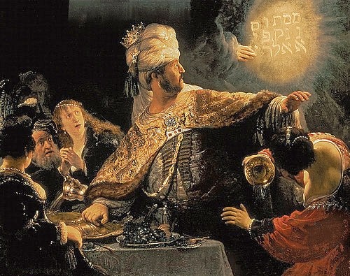 Rembrandt van Rijn, Das Gastmahl des Belsazar. Um 1636-38 (London,National Gallery,Rembrandt van Rijn,1606-1669,Öl auf Leinwand,17. Jahrhundert,Barock,Rembrandt,Belsazar,Mann,Altes Testament,Daniel,babylonisch,König,Fluch,Vision,Sünde,Wand,Schrift,Menetekel,Prophezeiung,Turban,geisterhaft,geheimnisvoll,Gastmahl,F)