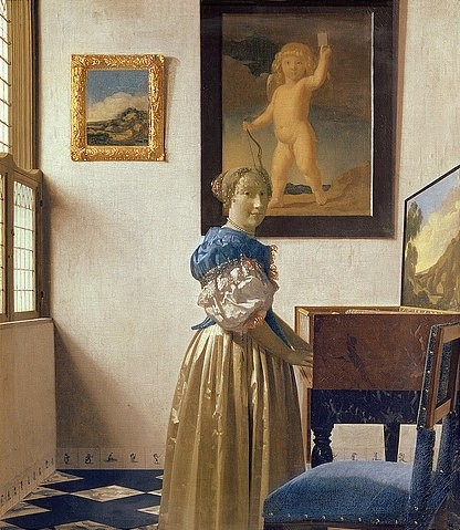 Jan Vermeer van Delft, Junge Frau an einem Virginal stehend. Um 1670-72 (London,National Gallery,Vermeer van Delft,Jan,1632-1675,Öl auf Leinwand,17. Jahrhundert,Jan Vermeer,Spinett,Frau,modisch,Musik,Musikinstrument,Interieur,Satinkleid,wohlhabend,Cembalo,Virginal,Gemälde,Amor)