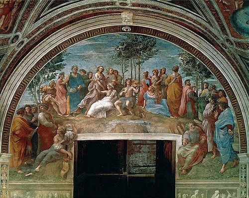 Raffael (Raffaello Sanzio), Der Parnass. 1511 (Stanza della Segnatura,Stanzen des Raffael,Vatikan,Vatikanische Museen,Renaissance,16. Jahrhundert,Fresko,1483-1520,Raffael (Raffaello Sanzio),Raphael,Raffael,Stanza delle Segnatura,Parnaß,Hügel,Poeten,Apoll,Musen,Dichter,Musikinstrumente,Versammlung,Phil)