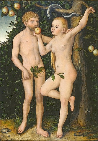 LUCAS CRANACH Der Ältere, Adam und Eva. Um 1538 (Adam und Eva, Paradies, Garten Eden, Schlange, Verführung, Apfel, Klassiker, Renaissance, Wunschgröße, Wohnzimmer)