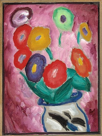 Alexej von Jawlensky, Blumenstilleben. 1915 (Jawlensky,Alexej von,1864-1941,Christie's Images Ltd,Öl,Öl auf Leinwand,20. Jahrhundert,Stillleben,auf leinengeprägtem Papier,aufgelegt auf Karton,Alexej von Jawlensky,Blumen,Stillleben,Blauer Reiter,rot,Blumenstrauß,Vase)